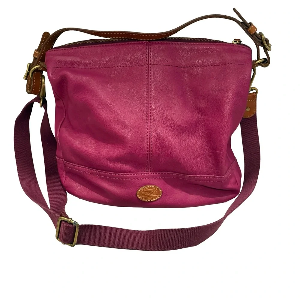 Vtg Fossil Magenta Hobo Double Strap Hobo Pebbled Leather Shoulder Crossbody Bag - Picture 3 of 16